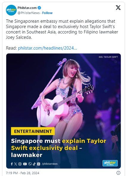 Concierto de Taylor Swift genera conflicto político entre Singapur y Filipinas