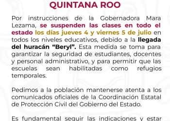 Suspenden clases en Quintana Roo por acercamiento del Huracán “Beryl”