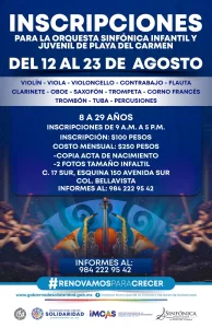 El gobierno de Solidaridad, a través del Instituto Municipal de la Cultura y las Artes, invita a niños, jóvenes y adultos de 8 a 29 años a inscribirse en la escuela de iniciación musical y formar parte de la Sinfónica Infantil - Juvenil de Playa del Carmen